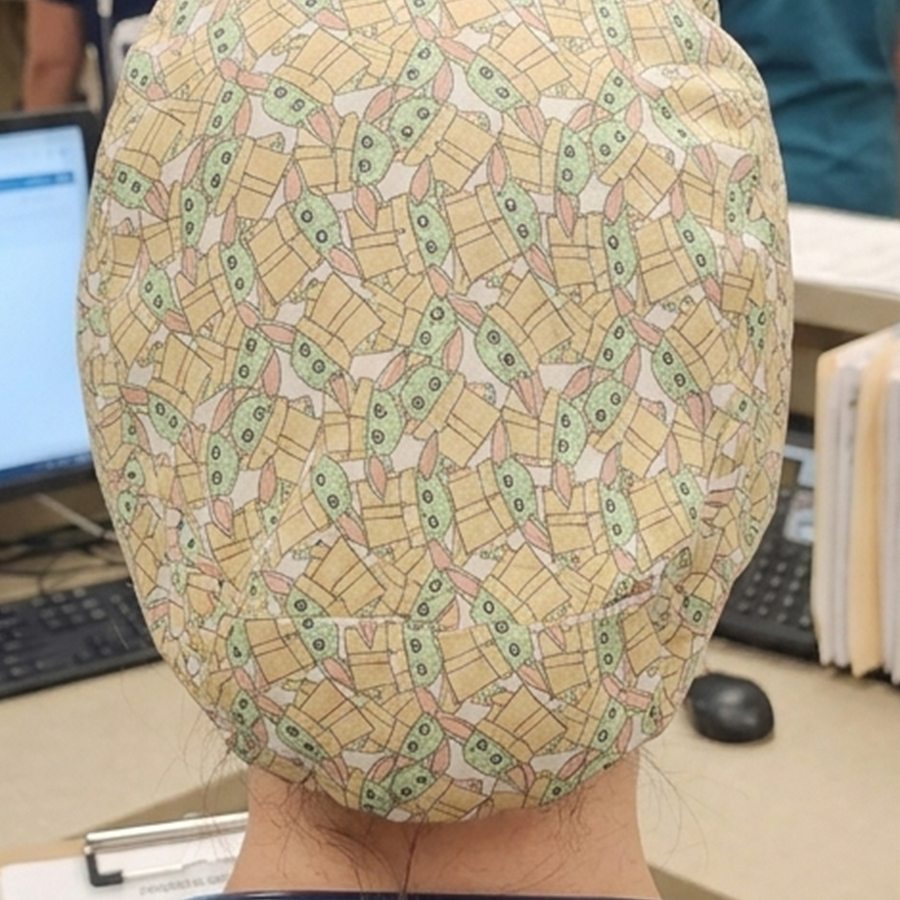 Custom scrub cap print detail from back