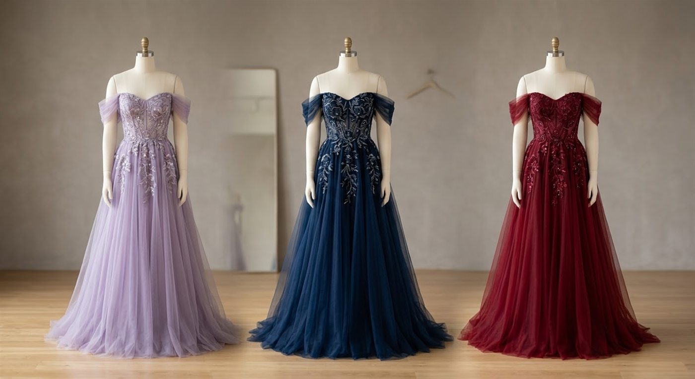 Three embroidered evening gown colorways