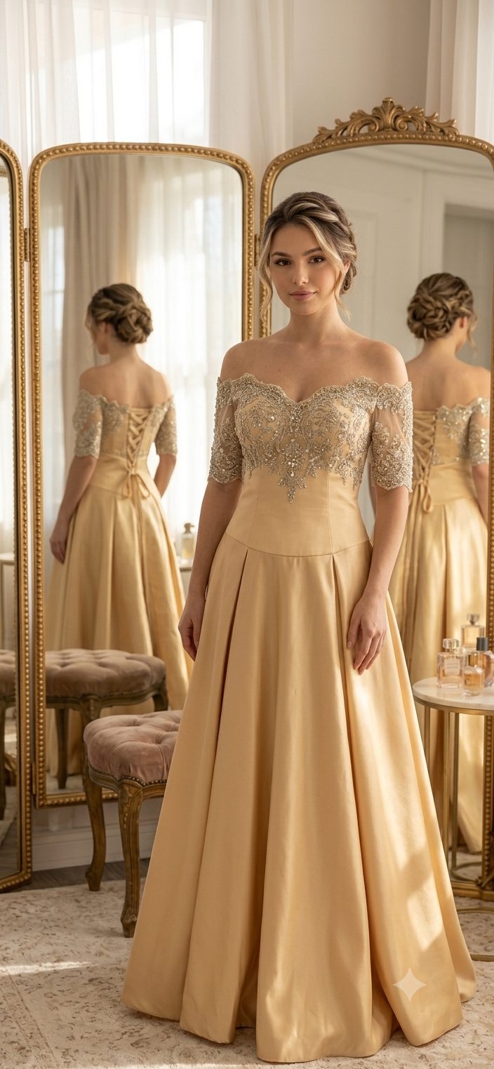 Gold off-shoulder formal gown with beaded bodice