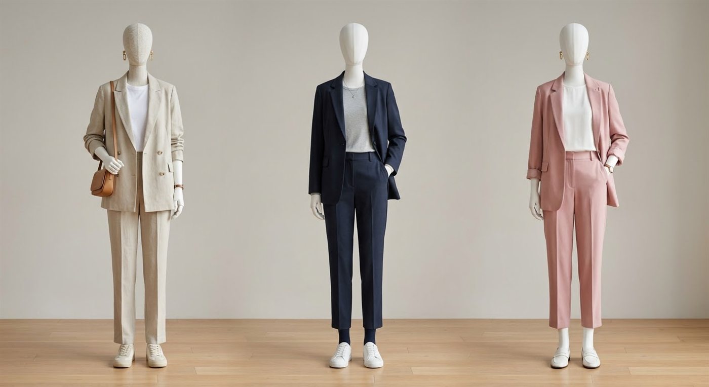 Three tailored casual suit colorways on mannequins